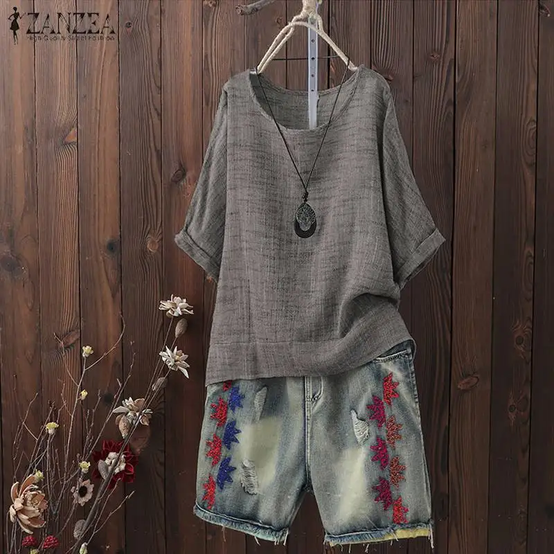 

ZANZEA Women Blouse and Tops Ladies Shirt 2019 Summer Short Sleeve Blusa Feminina Plus Size Womens Clothing Vintage Solid Blusas