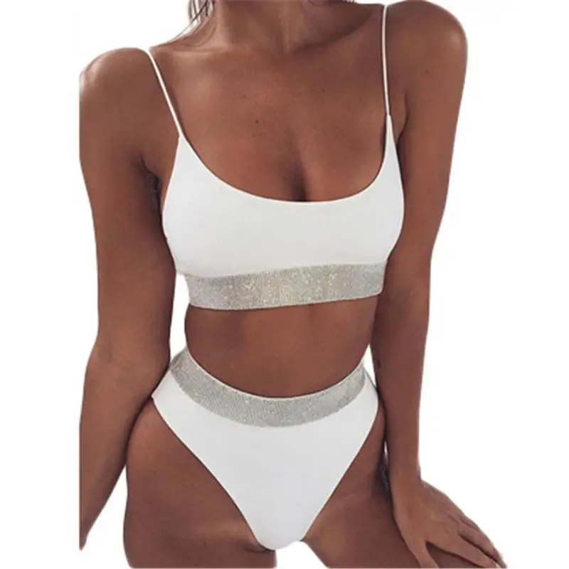 

Sexy Women Swimwear Push Up Bikini Suit Swimwear Sequin Solid Bathing Swimming Wearing High Wais Bikinis