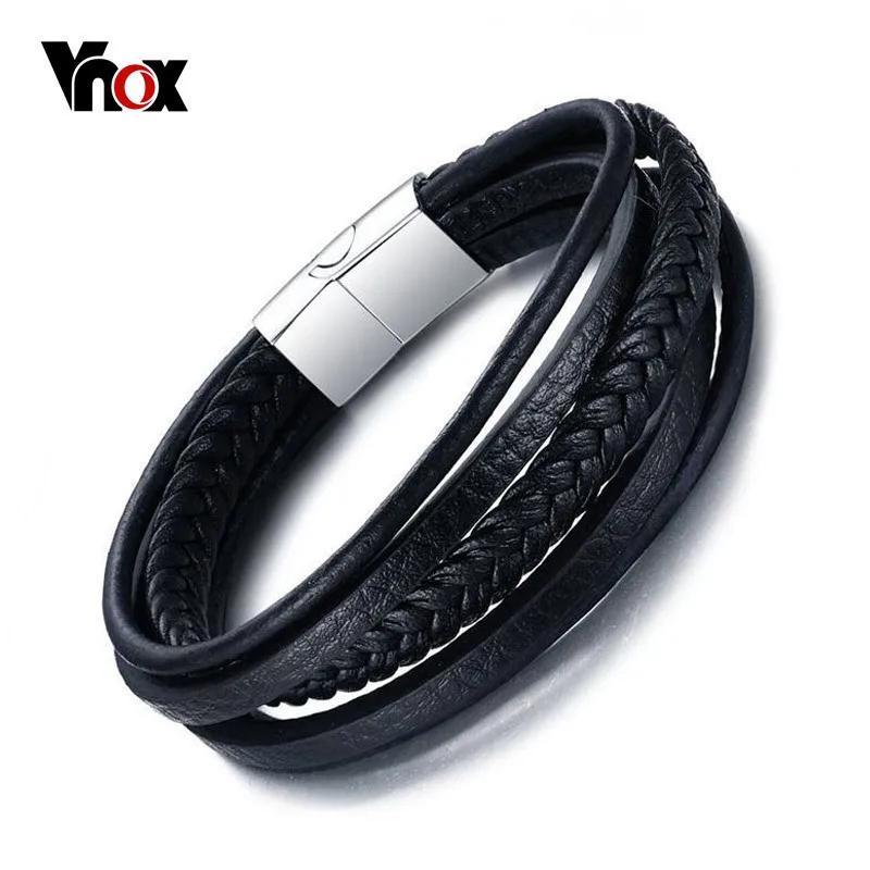 

Vnox Black Genuine Leather Bracelet Men Magnetic Clasp Cowhide Braided Multi-layer Wrap Jewelry 8"