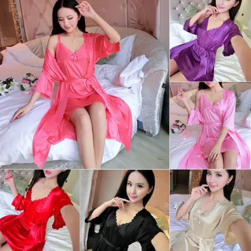 

US Sexy Lingerie Women Silk Lace Robe Dress Babydoll Nightdress Sleepwear Kimono