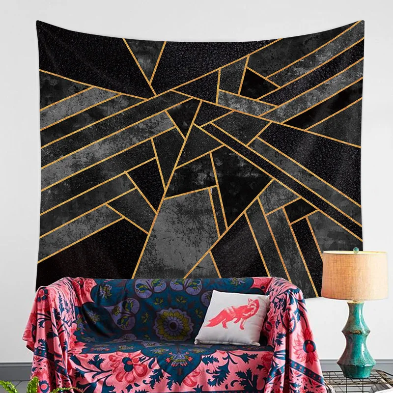 Modern Geometric Gold Black Tapestry Wall Hanging Large Cloth