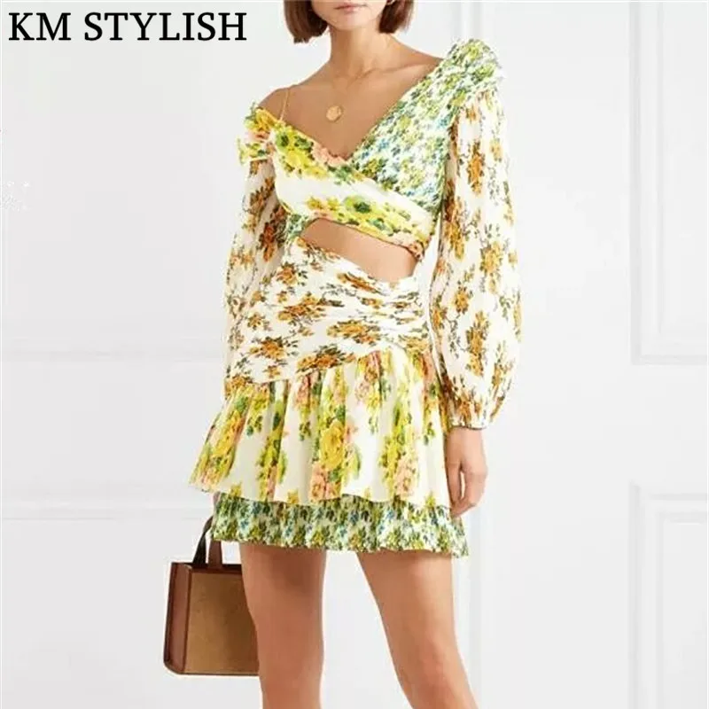 

Australian Tide Brand Zim2018 Fashion New Slanting Shoulder Waist Hollow Out Lantern Sleeve Short Contrast Print Pleated Dress