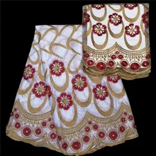 Последний большой красный и золотой узор 5 ярдов атласная ткань и 2 ярдов чистая кружева с золотыми бусинами KY40 белый цвет восковая кружевная ткань