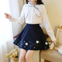 Корейские модные костюмы 2019 Весенняя женская шифоновая рубашка Цветочная юбка комплект одежды из двух предметов юбки верхняя одежда для