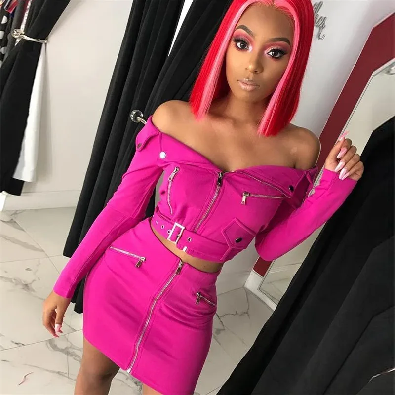 

Stretch Two Piece Dress Women Off Shoulder Zipper Mini Short Dress Autumn Winter Club Robe Party Dress