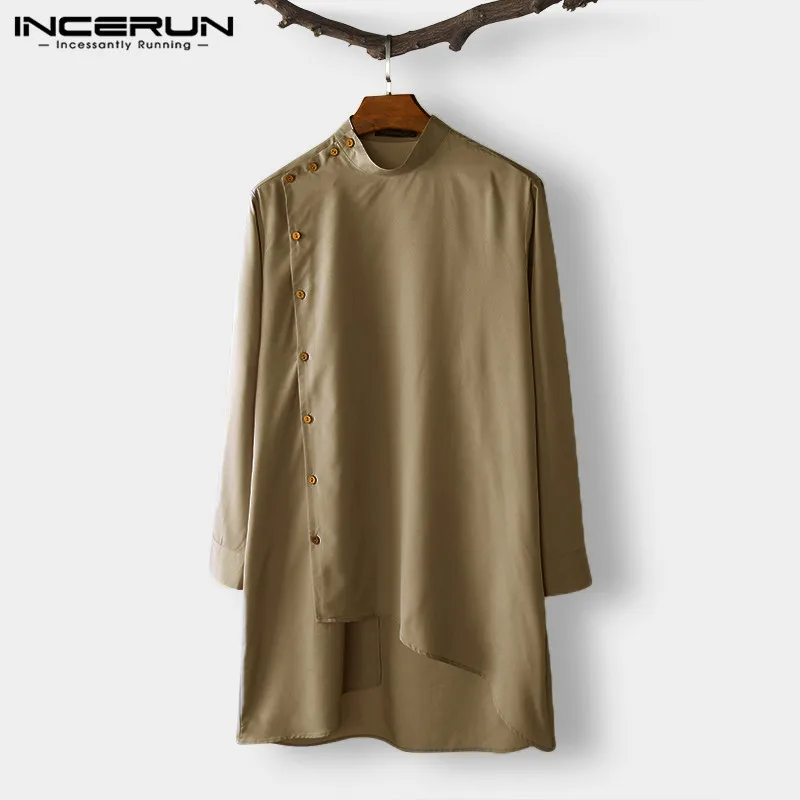 INCERUN 2019 الرجال قميص طويل الأكمام عارضة مسلم العربية الإسلامية قميص الرجال زر غير النظامية تنحنح الصلبة كورتا دعوى الرجال قمصان hombre