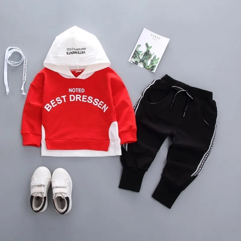 Демисезонный для мальчиков и девочек хлопковый спортивный костюм для девочек с имитацией двух отдельных изделий состоящие из кофты с капюшоном и штанов, 2 шт./компл. модная одежда для малышей, костюм