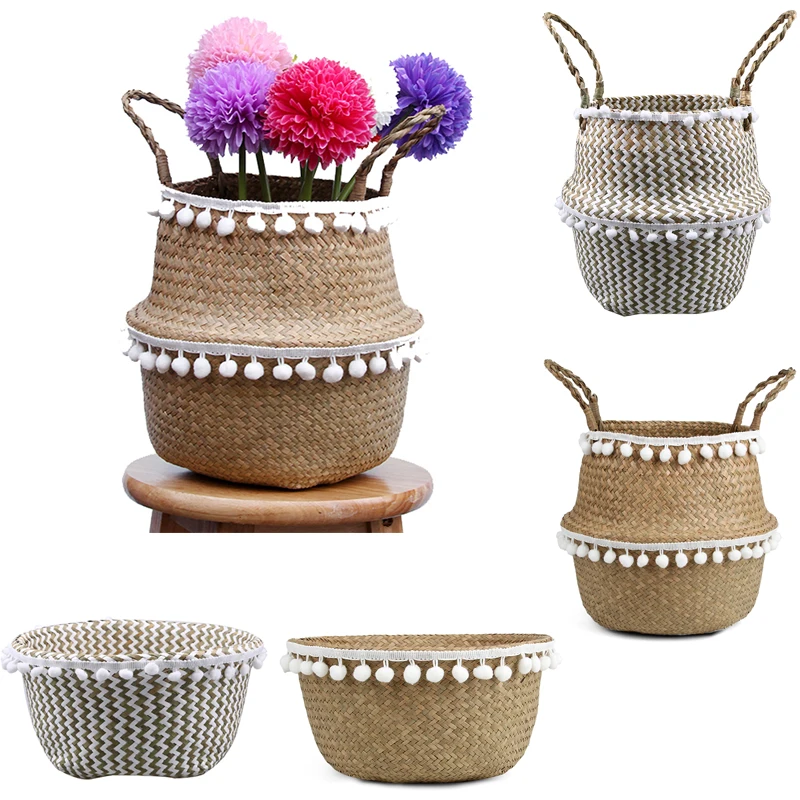 WHISM Tassel Style Flowerpot Home Garden Hanging Basket Seagrasss Wicker Flower Pot Wedding Flower Vase Home Garden Decoration