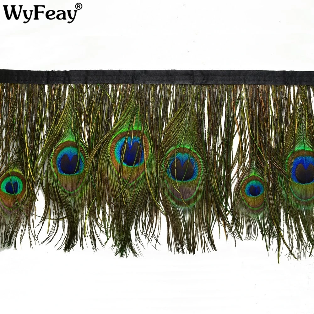 

Wholesale 10 Meter Natural Peacock feathers Trims About 15CM width Fringe With Satin Ribbon Sewing Crafts Costumes Decoration