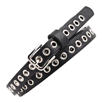 

Harajuku Faux Leather Belt Women Summer Trendy Thin Belt Decorative Black Red Many Metal Hole Buckle Adult Vintage Korean