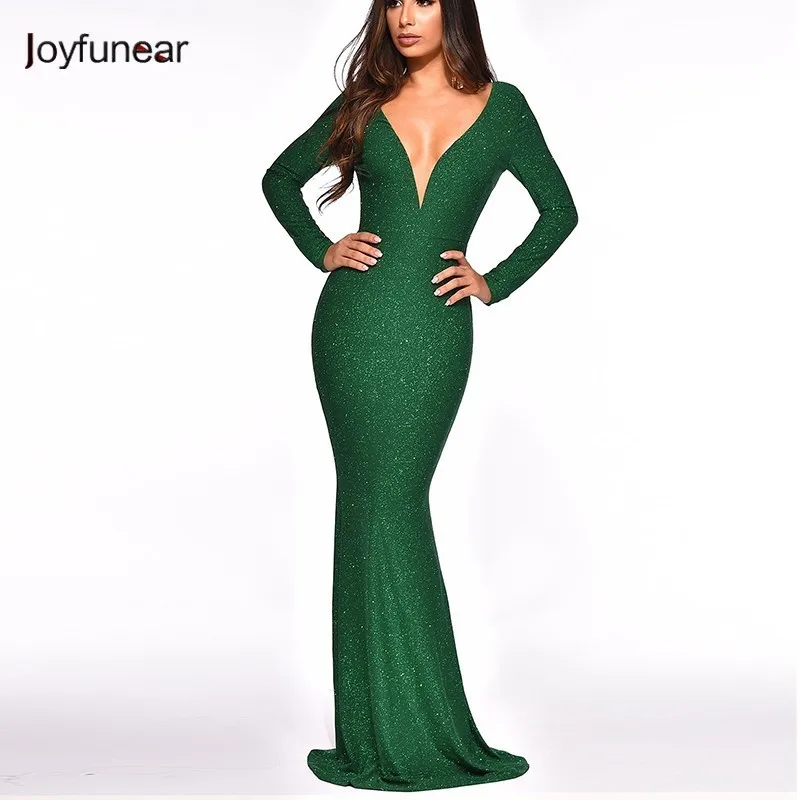 

Joyfunear Solid Glitter Elegant Dress Women 2019 Bodycon Deep V Neck Maxi Dress Skinny Sexy Backless Party Dress Платье Женское