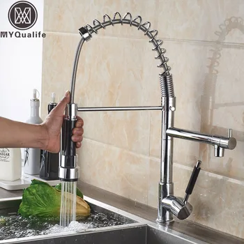 

Spring Pull Down Kitchen Mixer Faucet Deck Mounted Dual Spout Kitchen Sink Crane Taps Chrome Finish Handheld Sprayer Shower Head