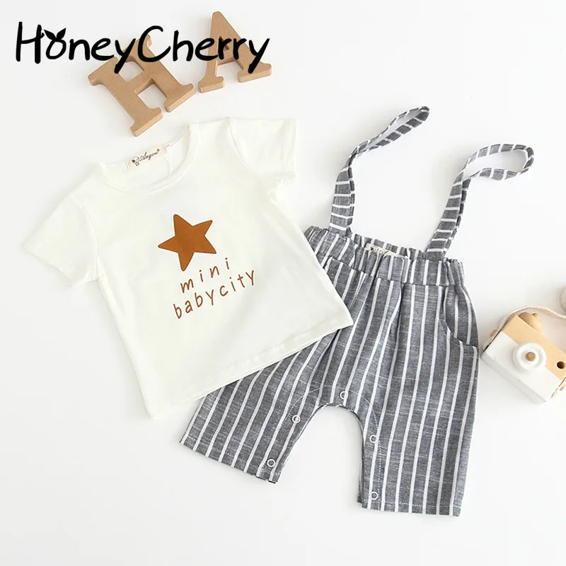

Summer Short Sleeves set Handsome Belt Trousers English Letter Top Two Pure Cotton Sets Baby Girl Summer Clothes