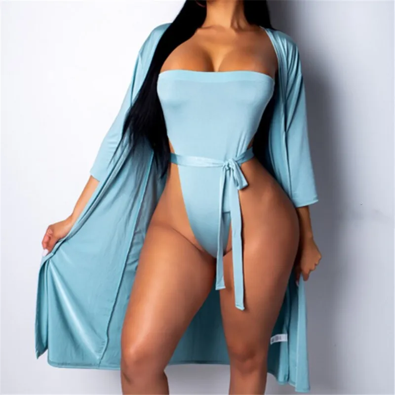 

Sexy Women Solid Color One-piece Swimwear+Long Sleeves Cardigan Beach Dress Off Shoulder Sexy Women Strapless One-piece Bikini