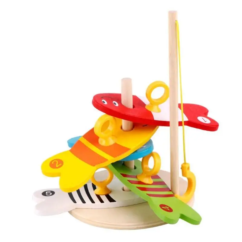 

Fun 8Pcs/set Colorful Wooden Fishing Digital Toys Kids Fish Set Column Blocks Game Children Cute Early Educational Cartoon Toy
