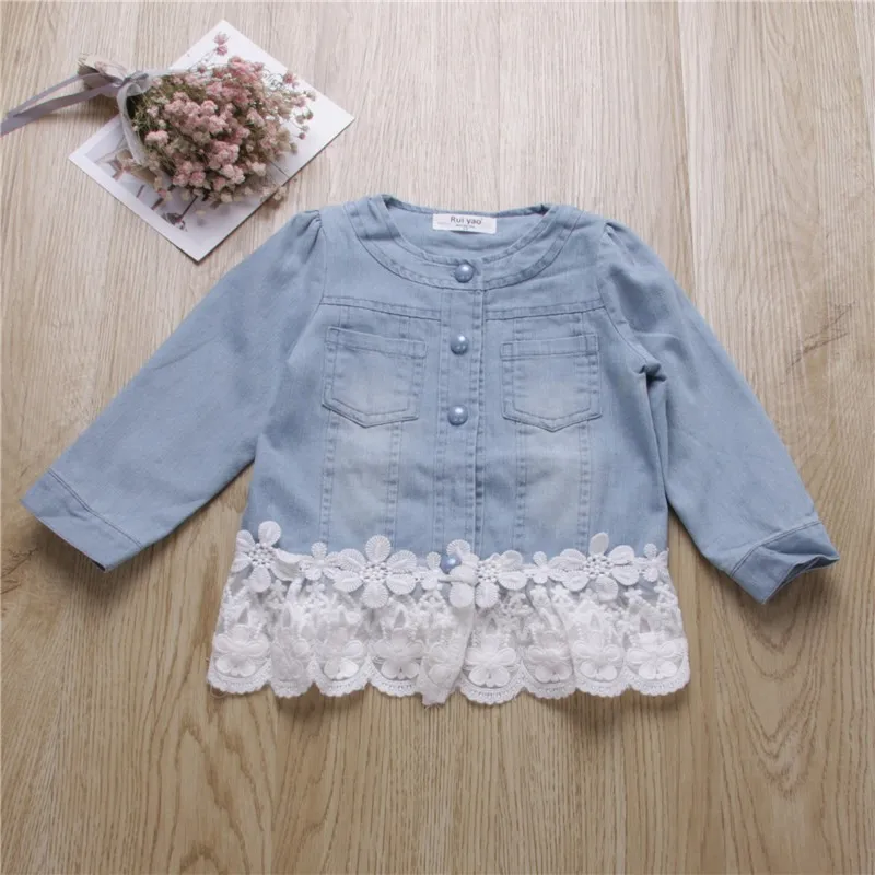 

girls denim jacket children outerwear patchwork lace kids jacket for girl's clothing baby outfit fashion
