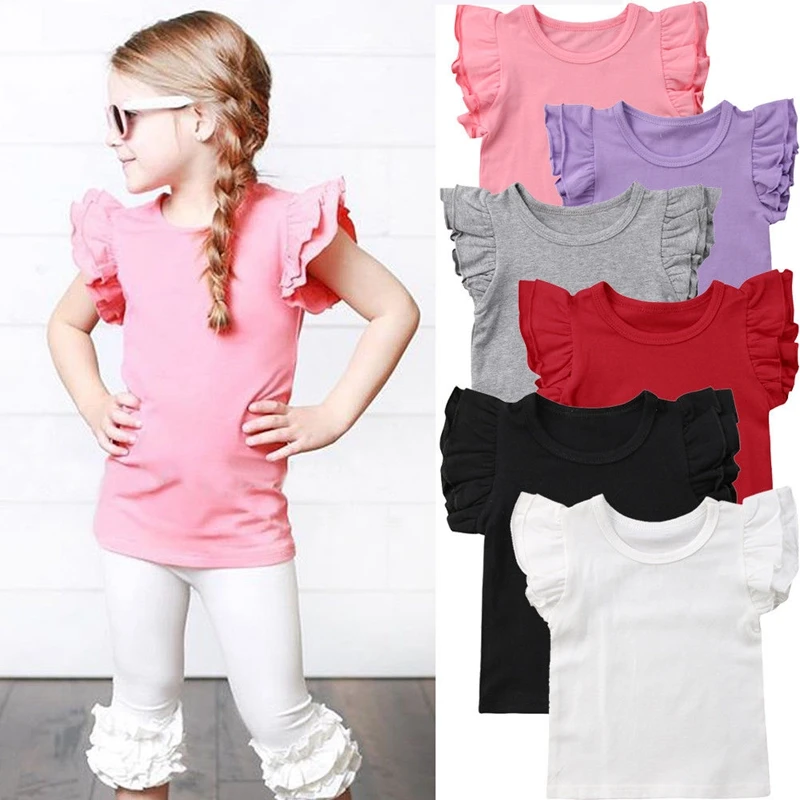 

Girl Kid Baby Short Flying Sleeve Top Ruffles Solid Candy Color Shirt Casual Blouse