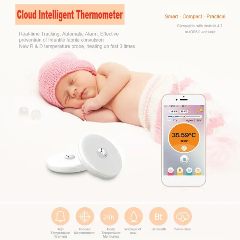 

Baby Thermometer Monitor Intelligent Wearable Safe Thermometer Bluetooth Smart with Anti-Lost Function