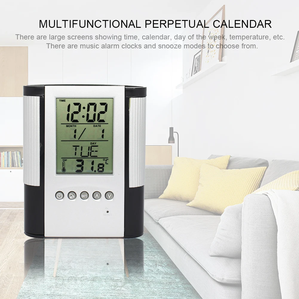 ABS Multifunctional Alarm Clock Pen Holder Office Electronic Calendar Alarm Clock LCD Temperature Display Container #16