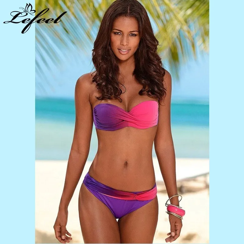 

Women push up Swimwear Solid patchwork Bathing Suit Swimsuit Sexy Bandage Tube Top Bikinis Female 2019 New Summer Beachwear