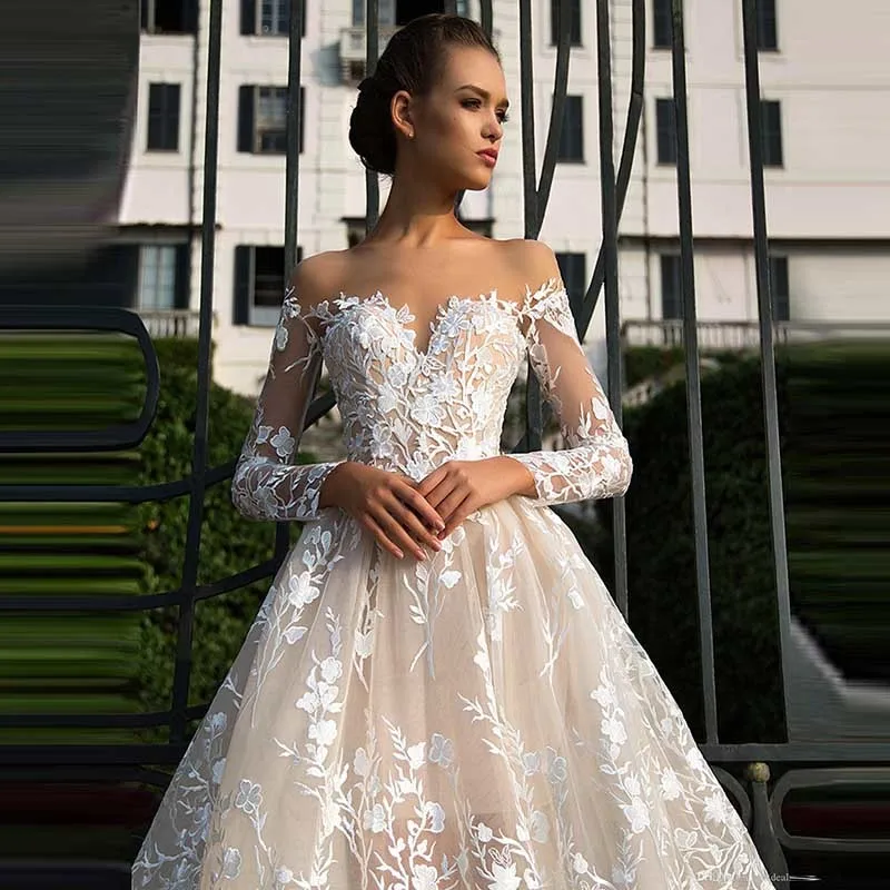 Женское свадебное платье Vivian's с длинным рукавом кружевное Тюлевое открытой