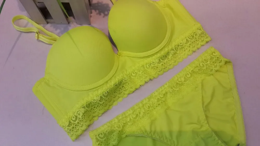 2014 new arrival candy colored light plane Bra Sets Push up lace three-breasted suit underwear women sexy underwear 8