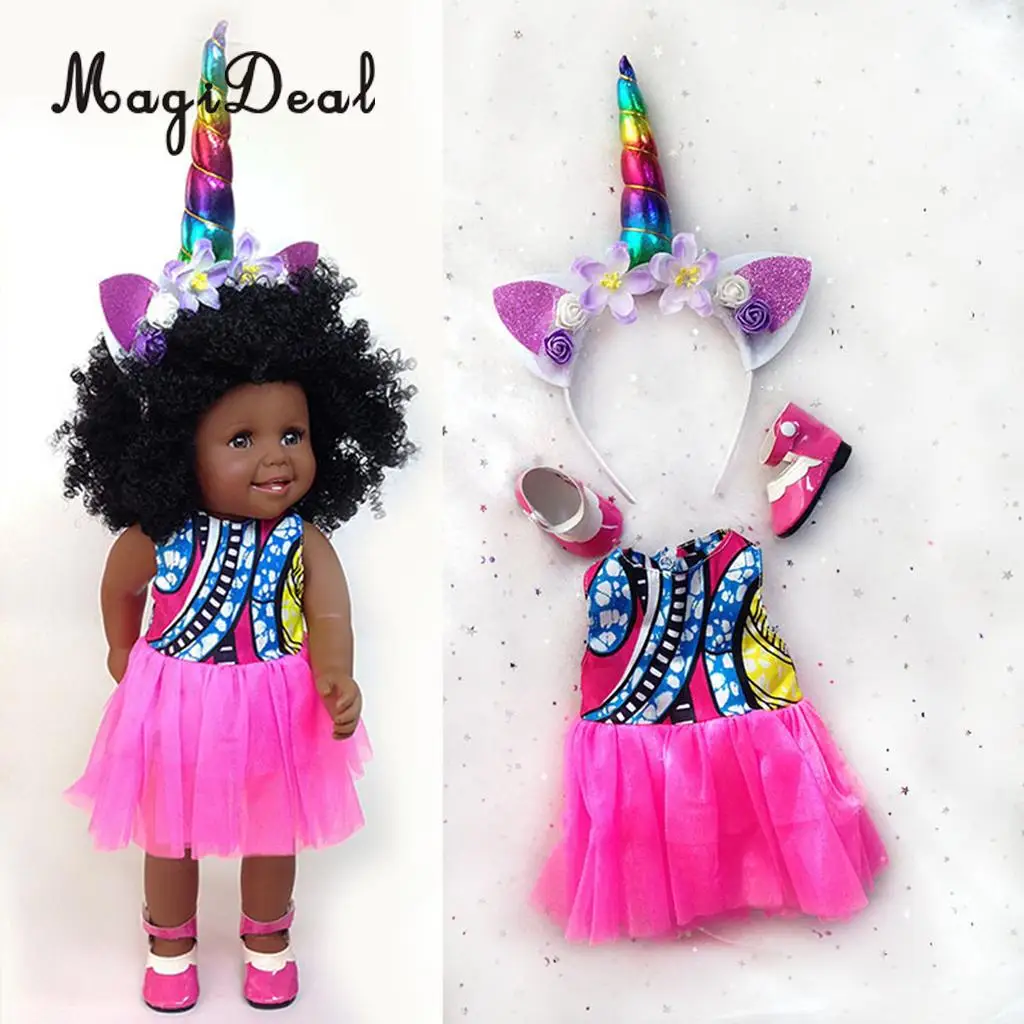 

Lifelike 18inch Eco-friendly Vinyl African American Doll Newborn Baby Doll with Unicorn Head Band Kids Birthday Gift