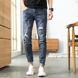 Новые весенние мужские узкие джинсы мода промывают сплошной цвет Рваные дыры джинсовые штаны человек уличная хип хоп мотобрюки мужская