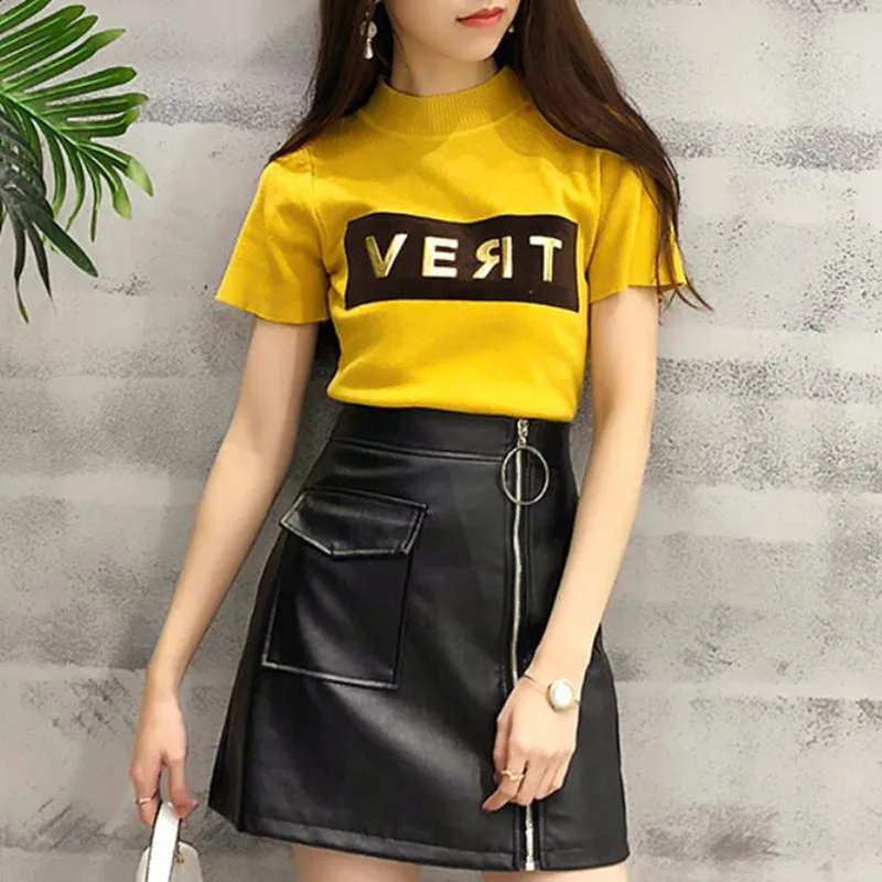 

2020 New Spring SummeWomen Sets Two Piece OL Office Lady Wear knitted Top + PU Leather Mini Skirt Female Sets Outfits Clothes