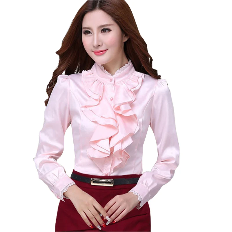 

Classic Ruffled Lady White Chiffon Blouse Plus Size S-2XL OL Style Formal Wear 2016 Women Career Black Shirts