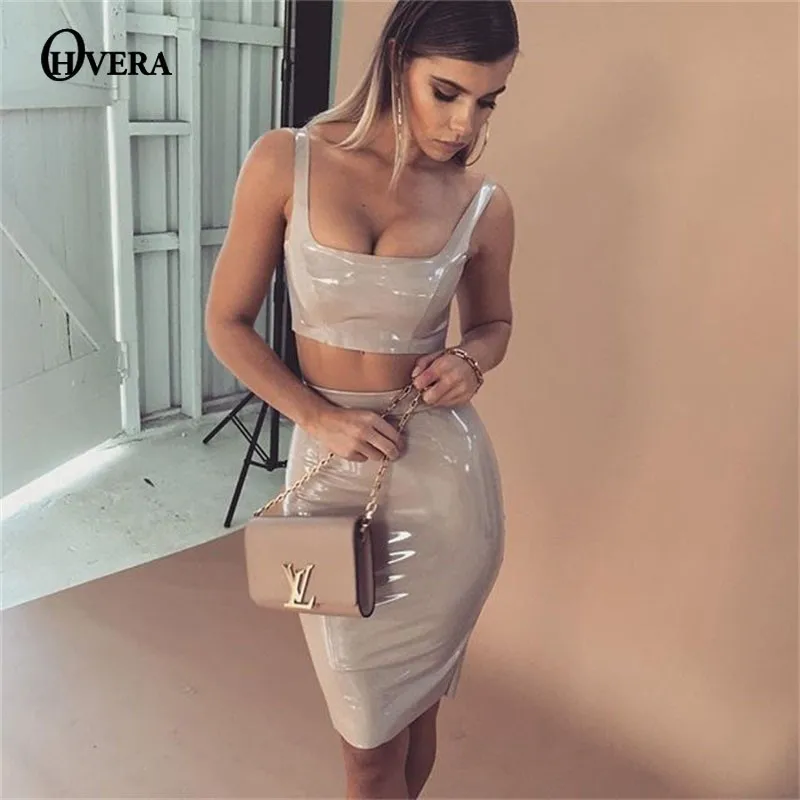 

Ohvera PU Leather Two Piece Set Crop Top Spaghetti Strap And Split Mini Skirt Sexy 2 Piece Set Women 2018 Summer Outfits