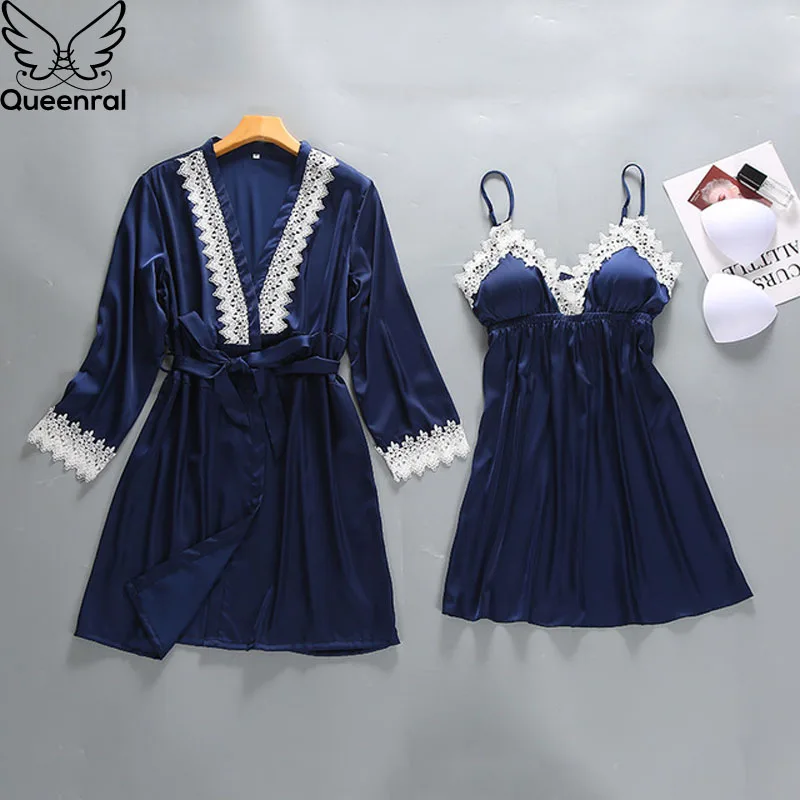 Queenral 2 шт Robe платье комплекты Для женщин пижамы пикантные кружевной Халат + мини