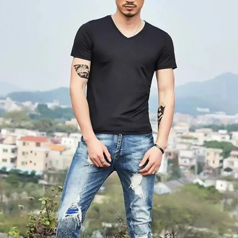 MR K Men Solid Color T Shirt Bottoming V Neck Leisure T-Shirt Fashion Slim Fit T-shirts Man Summer Short Sleeve Top Plus Size MR K Men Solid Color T Shirt Bottoming V Neck Leisure T-Shirt Fashion Slim Fit T-shirts Man Summer Short Sleeve Top Plus Size