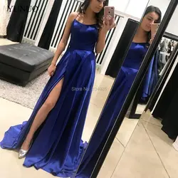 Сексуальные королевские синие или красные атласные вечерние платья с высоким разрезом спинки Простые платья для особых случаев 2019