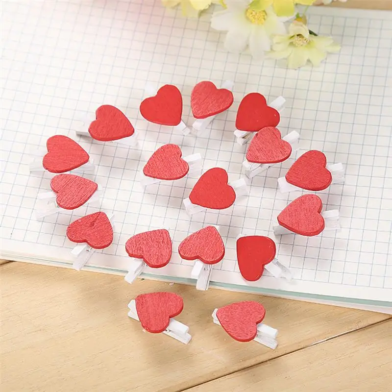 

20PCS Heart-shaped Portable Cute Romantic Wooden Note Clamp Photo Clips for Home Wall Decoration DIY Craft Bookmark Office