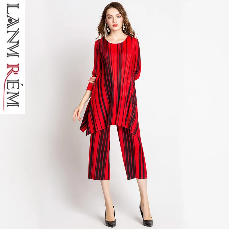 

LANMREM Fashion Pleated 2 Pieces Pant Suits For Women 2020 Spring Summer Striped Printed Tops + Calf Length Wide Leg Pants JL564