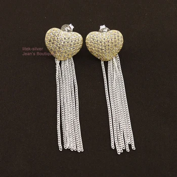 

Solid Sterling Silver Fashion Jewelry Earrings Zirconia Golden Heart Dangle Drop Tassel Earrings T18 - #9