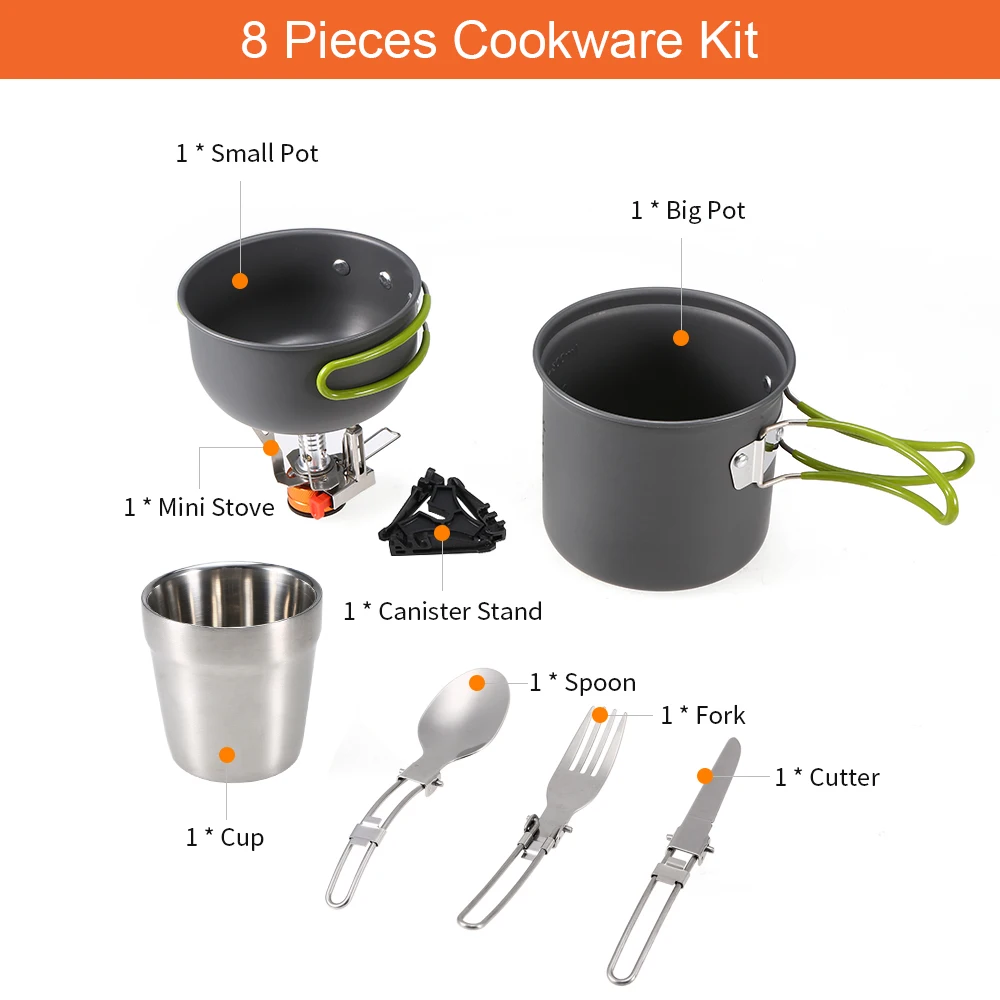 8pcs Camping Cookware Outdoor Tableware Set Cooking Gas Stove Gas Tank