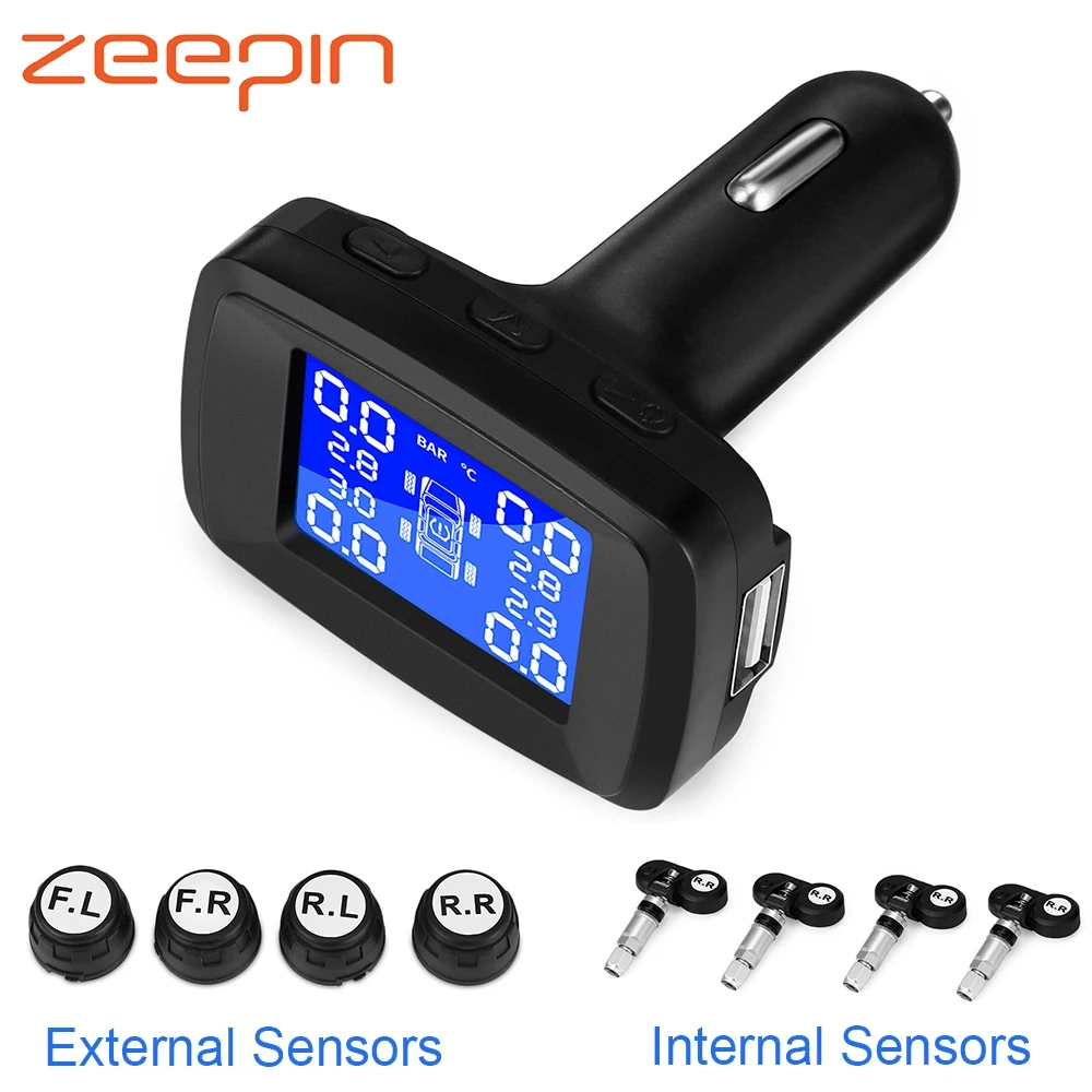Online Sistema Inteligente de monitoreo de presión de neumáticos TPMS para coche 4 sensores externos internos encendedor de cigarrillos USB alarma de neumáticos en tiempo real PSI BAR
