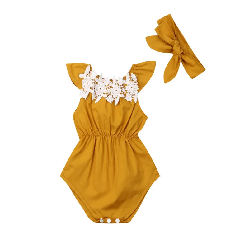 

Summer cute Newborn Baby Girls Flower Fly Sleeve Solid Jumpsuit Bodysuit+Bow Headband 2Pcs Outfits