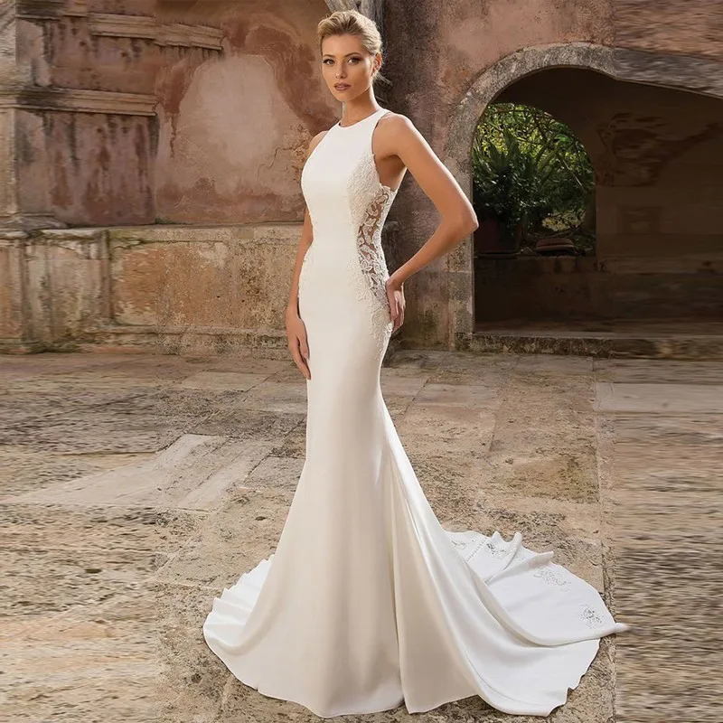 

Lace Mermaid Wedding Dress 2019 New Bridal Gown Bride Dress Court Train Robe De Mariee Simlple Soft Satin Vestido De Noiva