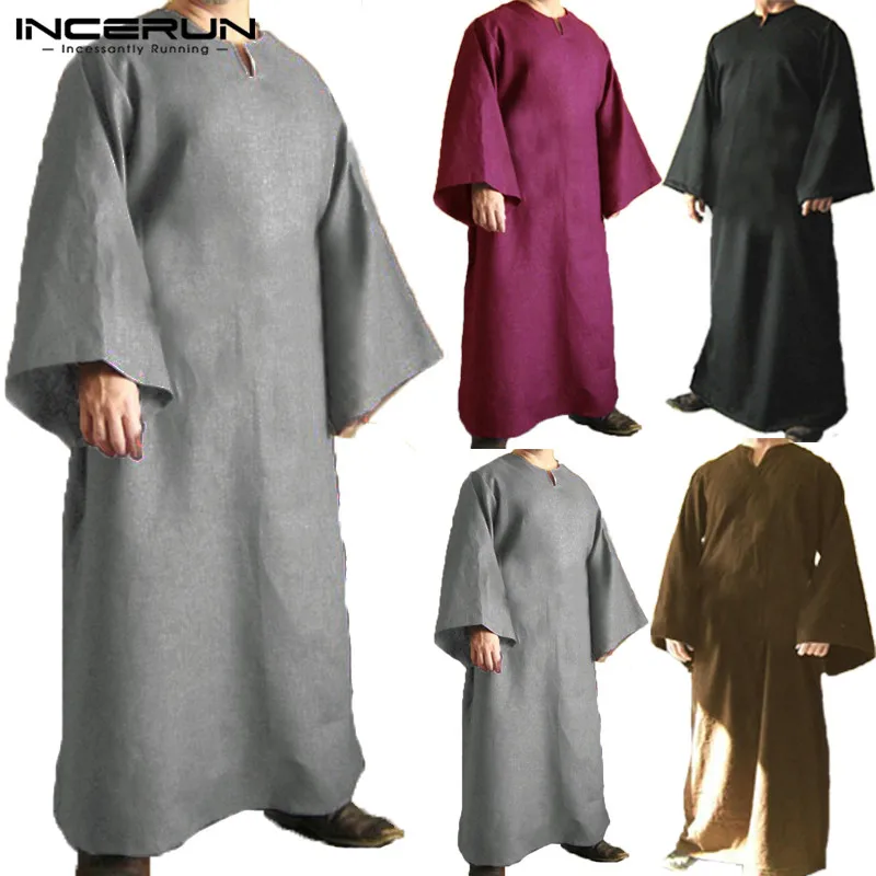 

INCERUN Muslim Men Arab Islamic Kaftan Long Sleeve V-neck Solid Thobe Loose Robes Men Saudi Arabia Dubai Kaftan Clothing 2019