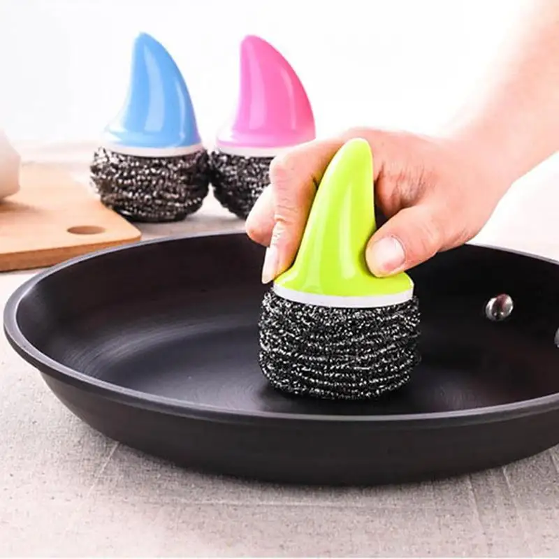 Steel Wire Ball Cleaning Brush with Handle Kitchen Pot Dish Bowl