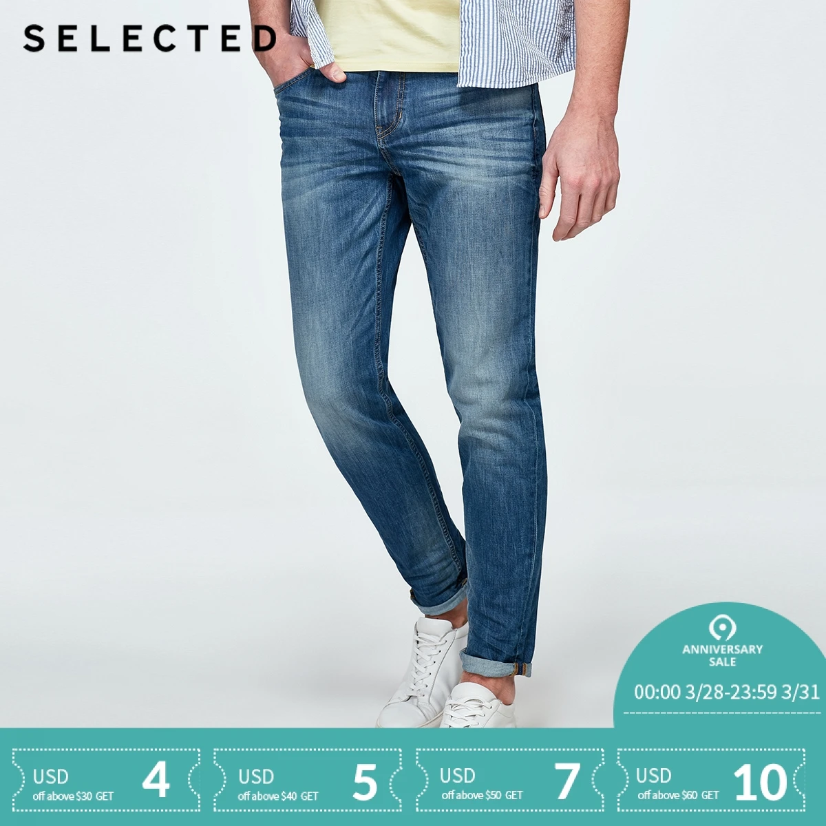 

SELECTED Cotton-blend fading washed jean pants C|418232521