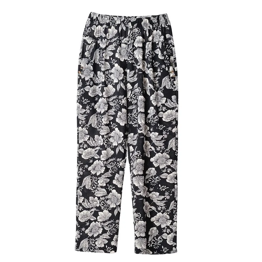 

Spring Summer Plus Size XL-4XL Trousers Middle Aged Women Casual High Waist Floral Print Straight Pants Pantalon Femme