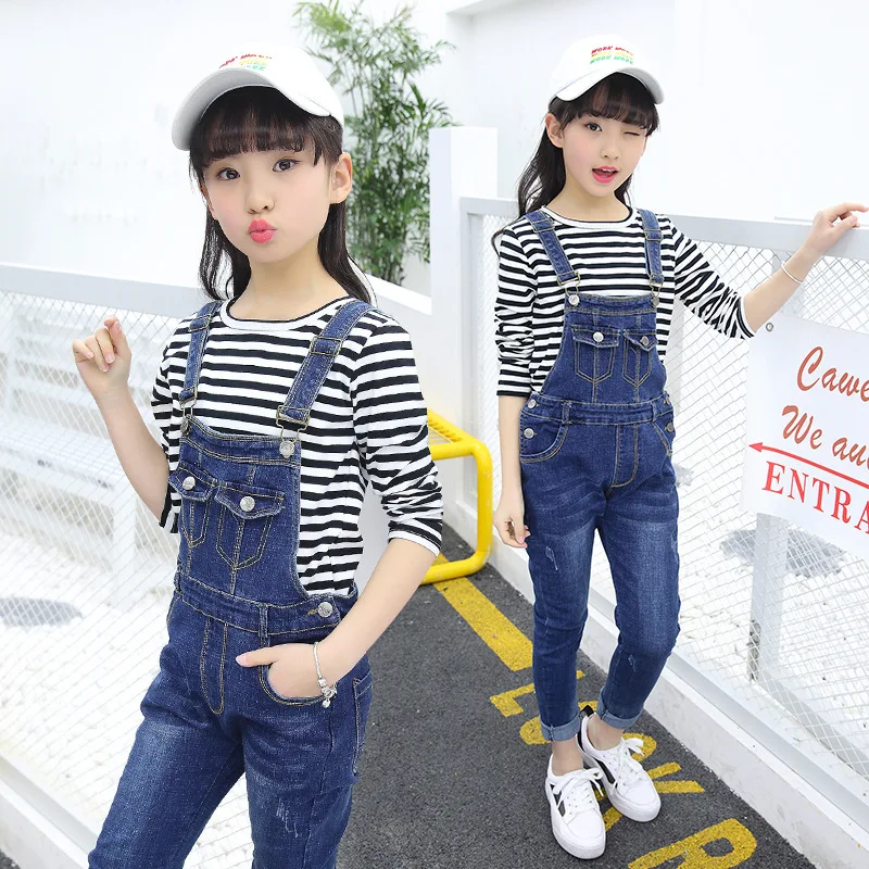 

Girls Autumn Clothing Student Both Pocket Cowboy Salopettes Trousers Stripe T Suit