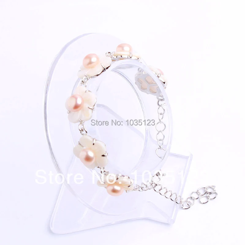 Подарок Vogue Pretty 7 мм розовый пресноводный жемчуг 15 мм белый корпус сплав рамка браслет 8," регулируемый размер