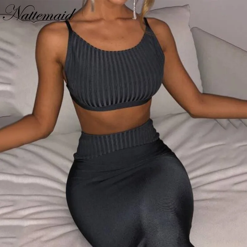 

NATTEMAID Strapless Backless Sexy Two Piece Set Summer 2019 New Women Set Black Short Top And Midi Skirt Set Casual 2 Piece Set