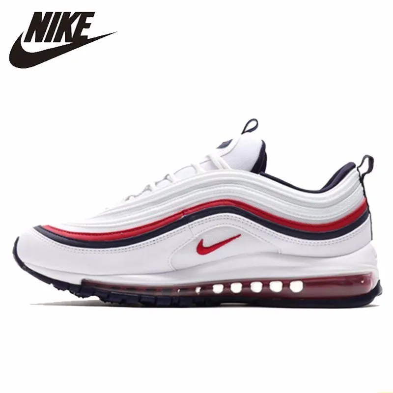 Baratos Nike Air Max 97 blanco rojo bala hombres zapatillas aire cojín tiempo libre zapatos cómodos zapatillas deportivas #921733 102