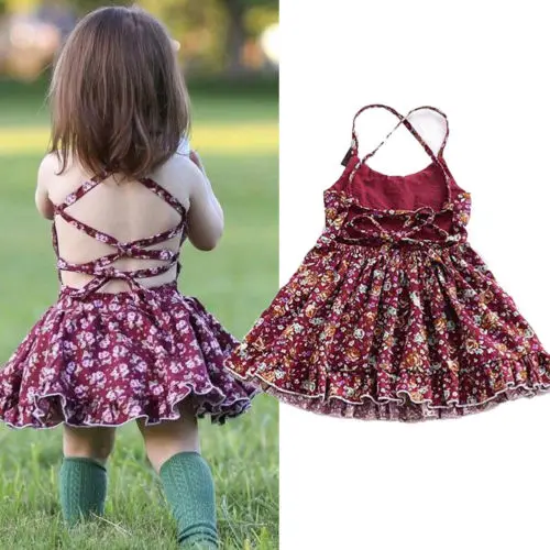 Летнее платье с цветочным рисунком для маленьких девочек безрукавка с низким вырезом на спине, праздничные платья-пачки принцессы сарафан Boho, одежда для маленьких девочек